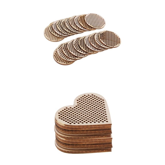 40 Piece Heart & Round Wood Hole Paved Plaque Wooden Shapes Pendant Tags Ornaments DIY Stitch Board for Handmade Decoration