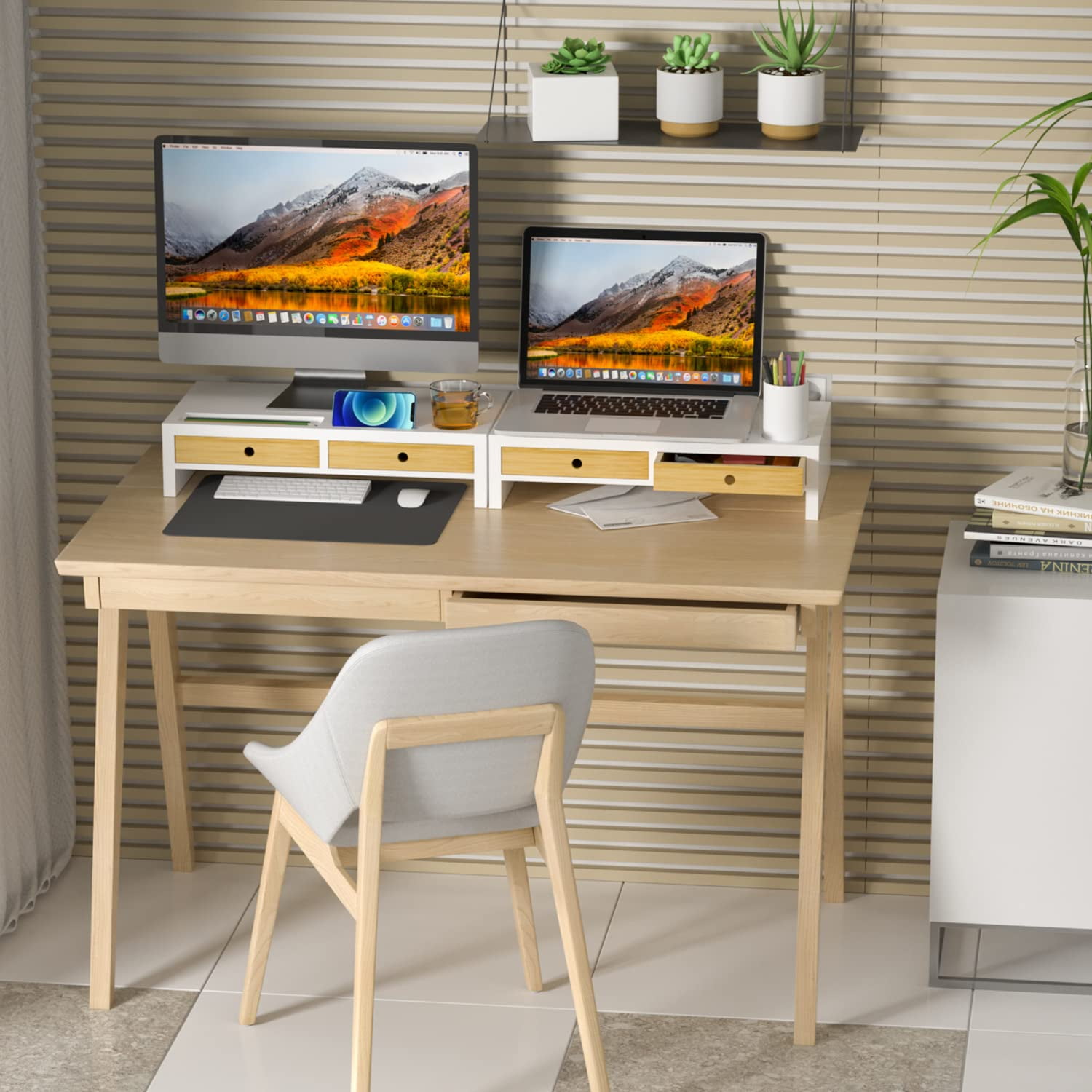 Bambloom Monitor Stand with 2 Drawers,White Wood Monitor Riser for Computer, Laptop, Printer,Tv