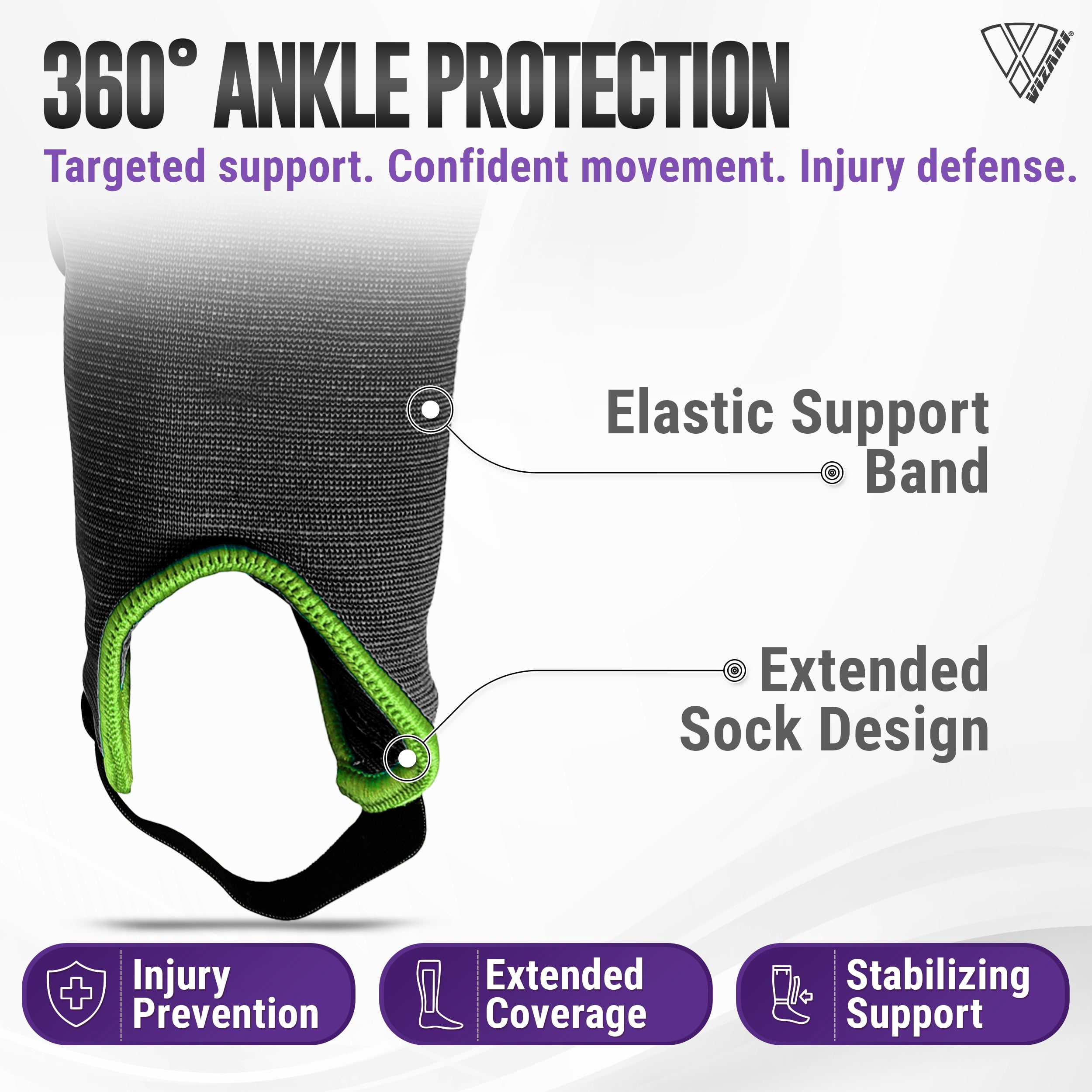 Vizari Malaga Shin Guards with Ankle Protection for Kids, Youth, and Adults | Lightweight Soccer Pads for Boys and Girls Ages 3+ - PURPLE/GREEN, L