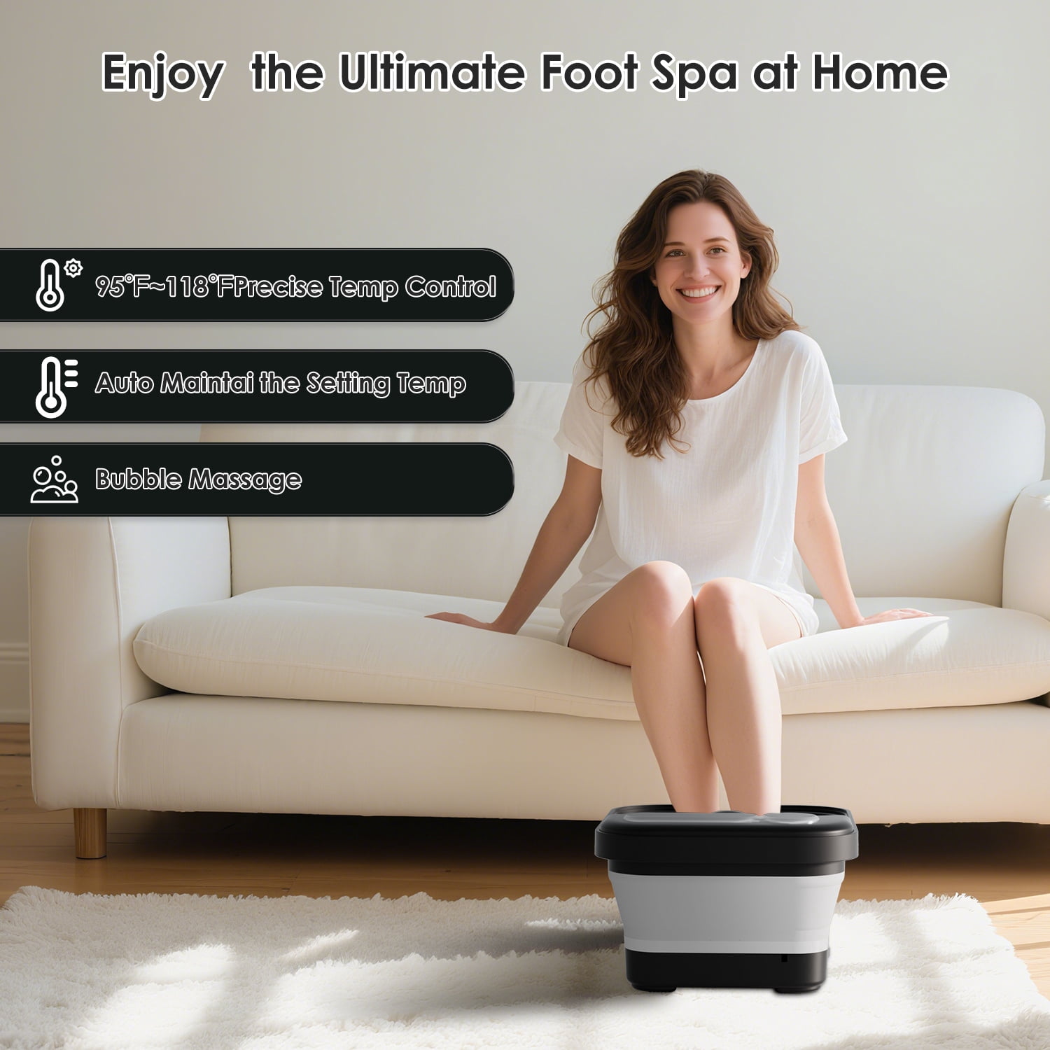 Beinilai Collapsible Foot Spa Bath Massage with Heat,Precise Temperature Control,6 Massage Roller,Bubble and Removable Pedicure Stone for Care Feet