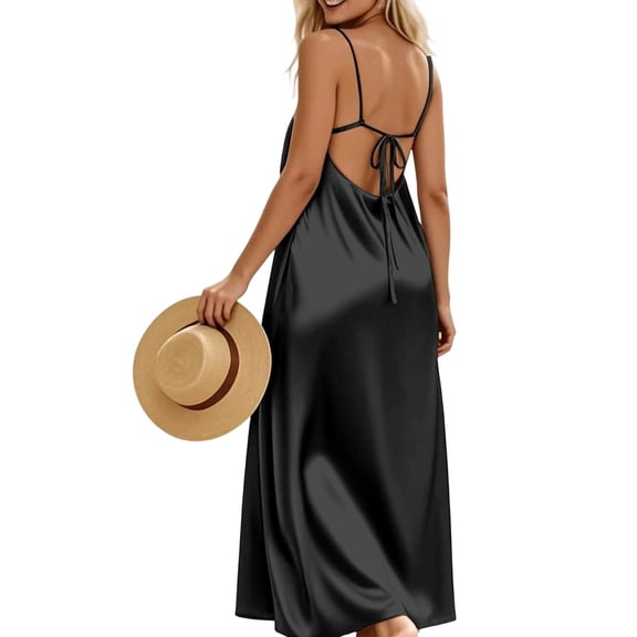 ClodeEU Women's Summer Satin Backless Lace Up Maxi Dress, Spaghetti Strap Tie Waist Sleeveless Cocktail Sundress Black,Women's Plus L