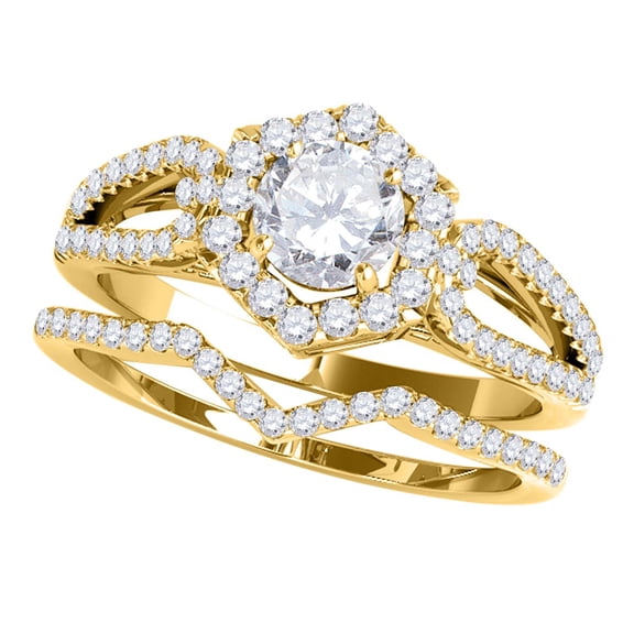 Aonejewelry 0.85 Carat Halo Daimond Engagement Bridal Set 14K Yellow Gold