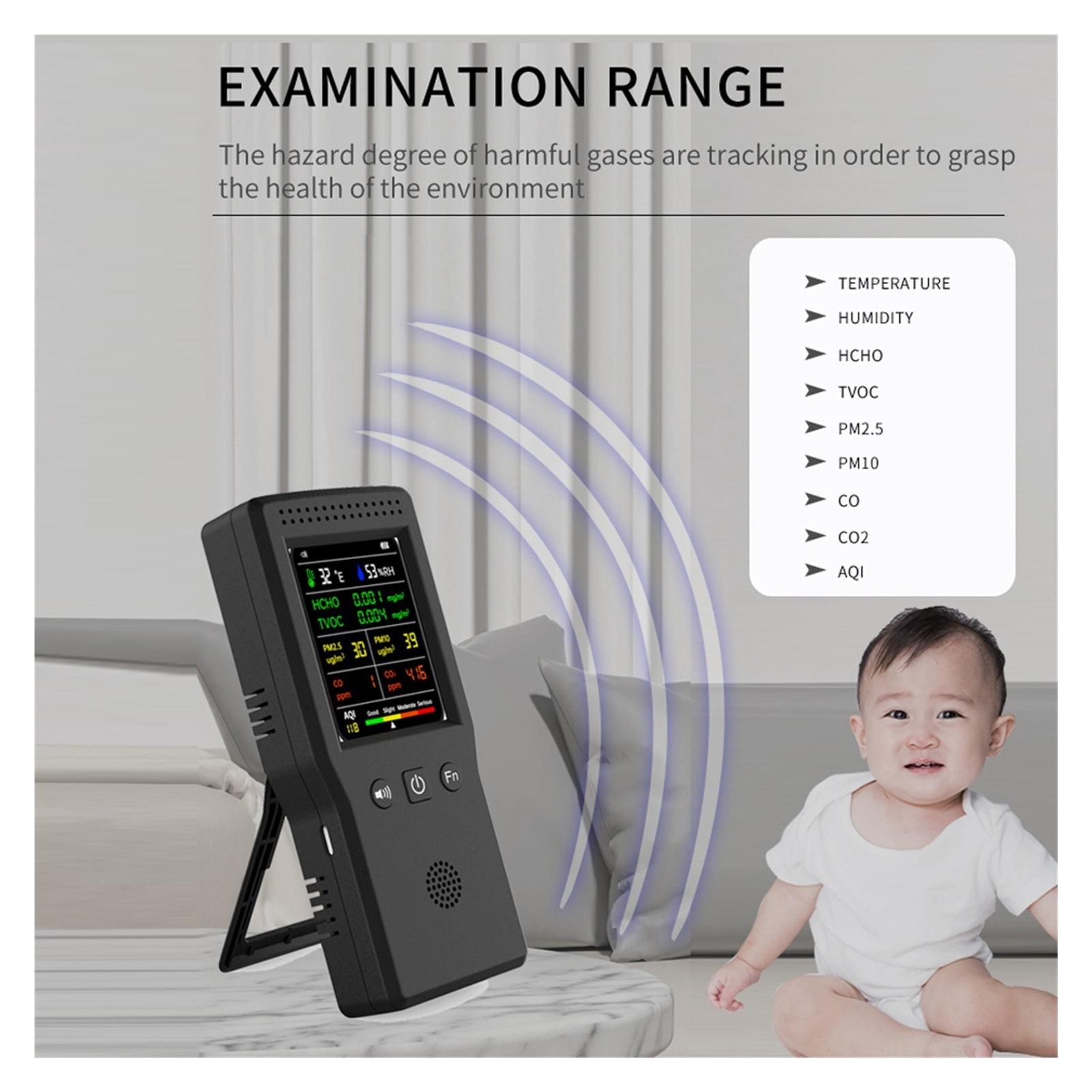 9 In 1 Air Quality Detector LCD Display PM2.5 PM10 HCHO TVOC CO CO2 Temperature Humidity Multifunctional Air Quality Monitor ,Easy to Use