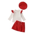 thumbnail image 2 of Swuxness Girls' Casual Long Sleeve Two Piece Sets, Kids Fall Short Skirt Sets, Girls Plaid Knit Dress Set with Beret Round Neck Top and A Line Skirt Outfit Red, 12-18 Months, 2 of 4
