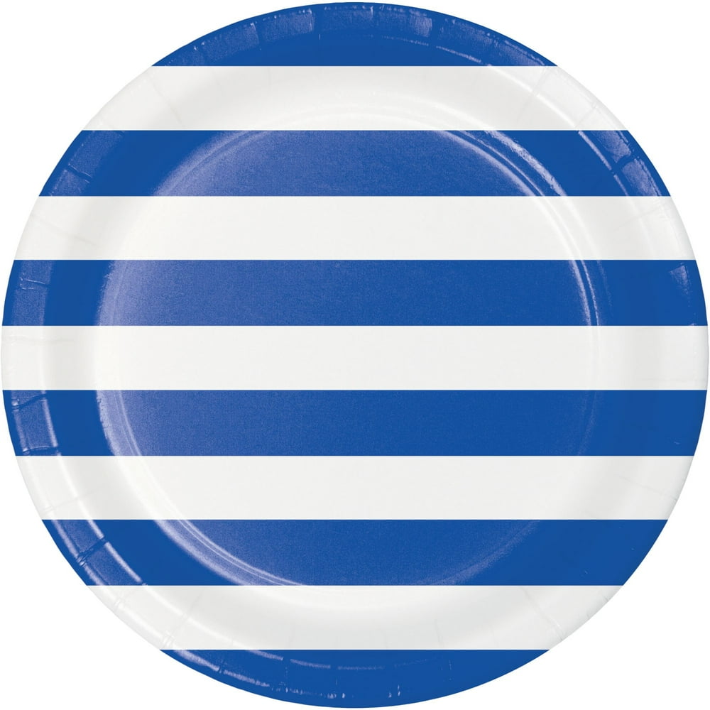 Club Pack of 96 Blue and White Striped Cobalt Paper Plates 8.75