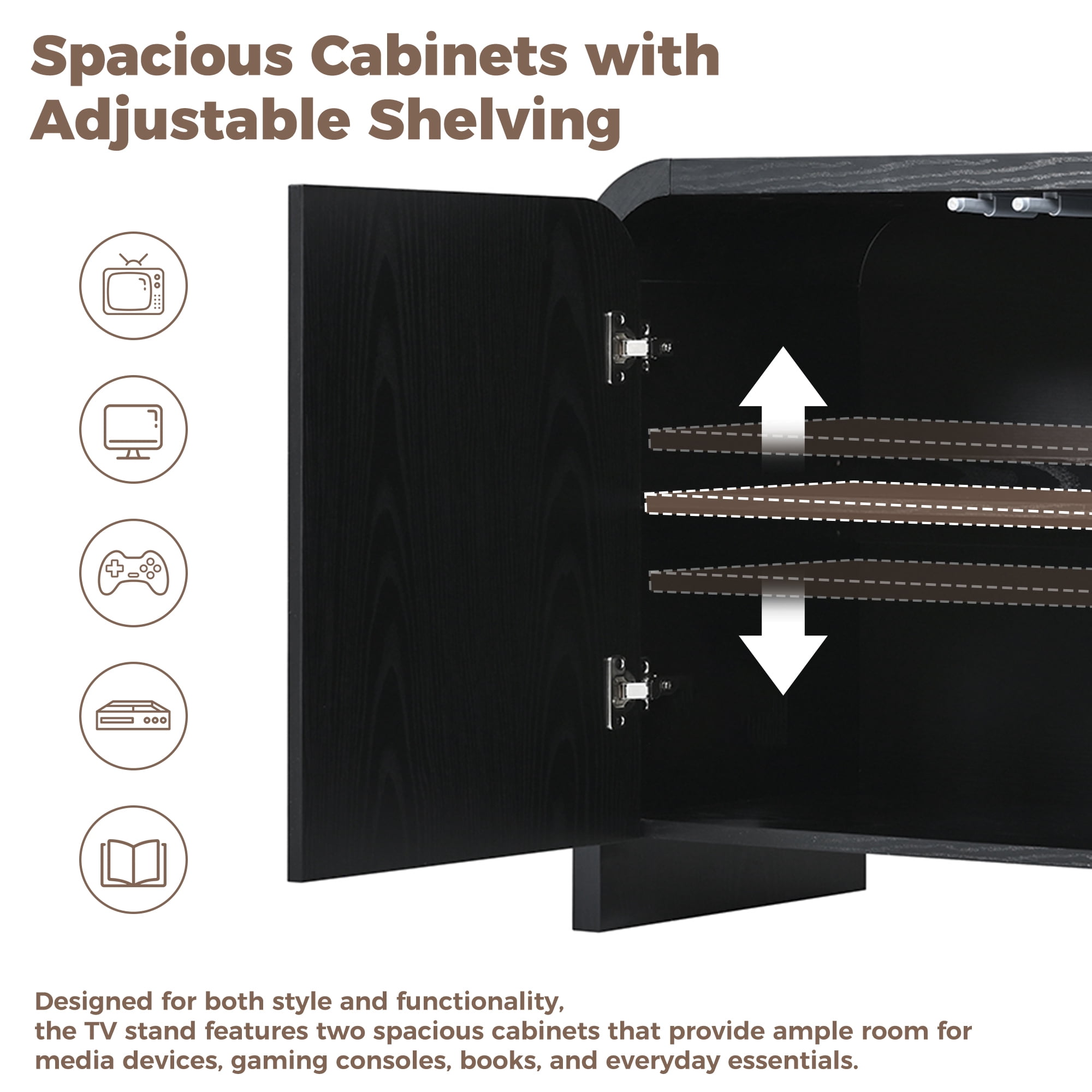 Leumius Farmhouse Curved Edge TV Stand with Large Cabinets for TVs up to 70", Minimalist Wood Grain Media Console with Cable Management and Adjustable Shelves for Living Room, Black
