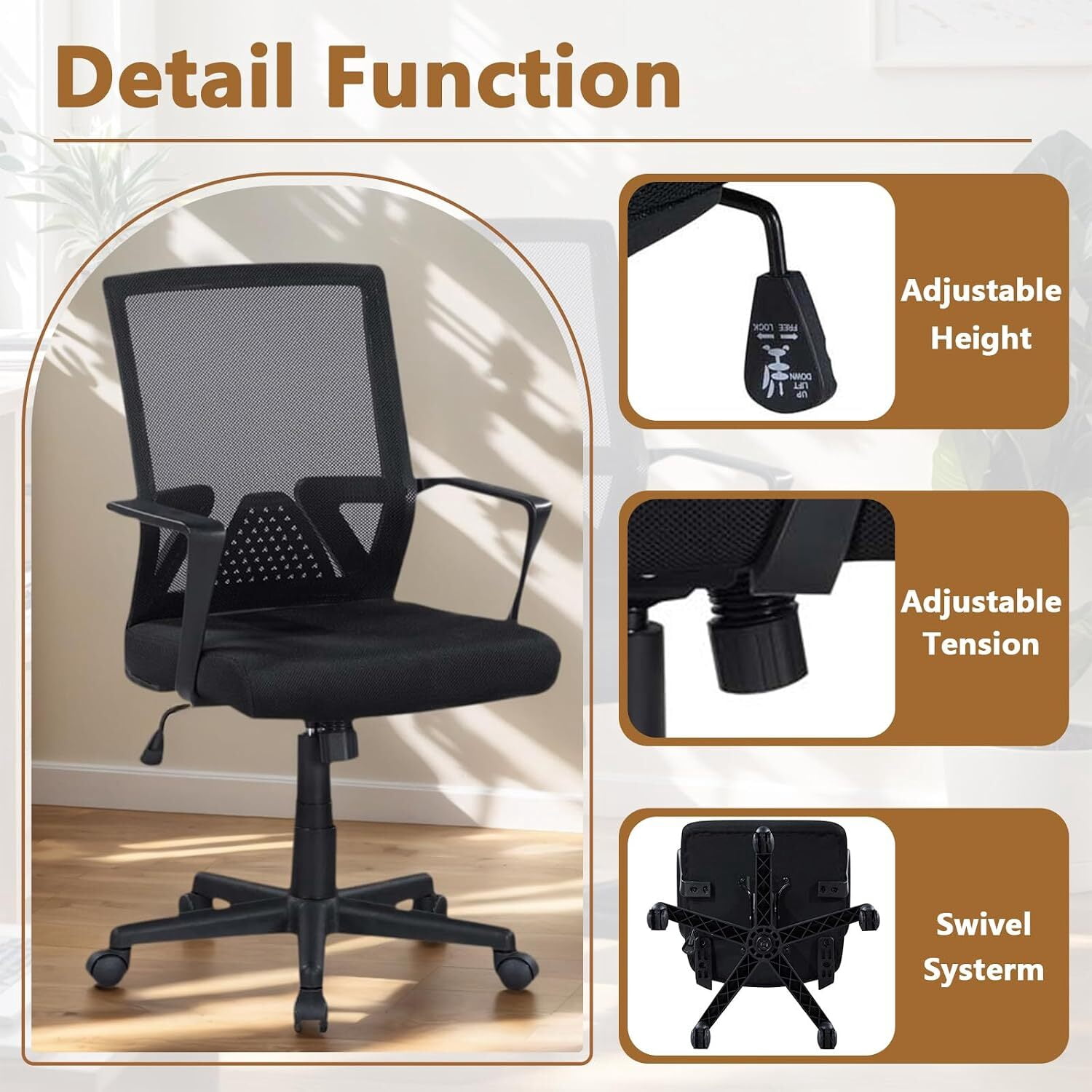 Ergonomic Black Mesh Office Chair with Adjustable Lumbar Support, Tall Swivel Rolling Computer Desk Chair for Home Work & Study