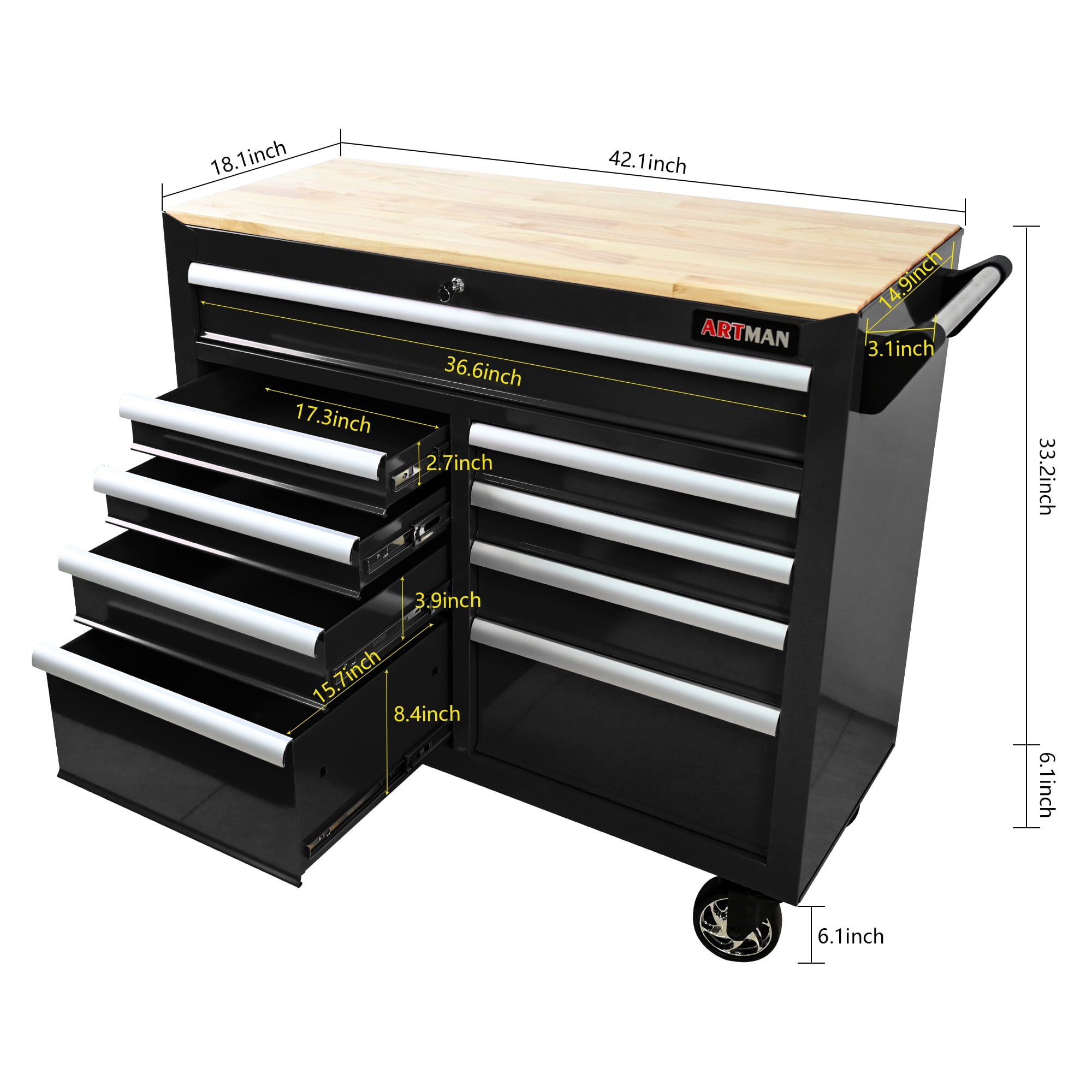 ARTMAN Heavy Duty Rolling 46 In  Tool Chest,9-Drawers, Mobile Tool Storage Cabinet/Work Bench with Wooden Top for Garage, Warehouse, Workshop, Repair Shop