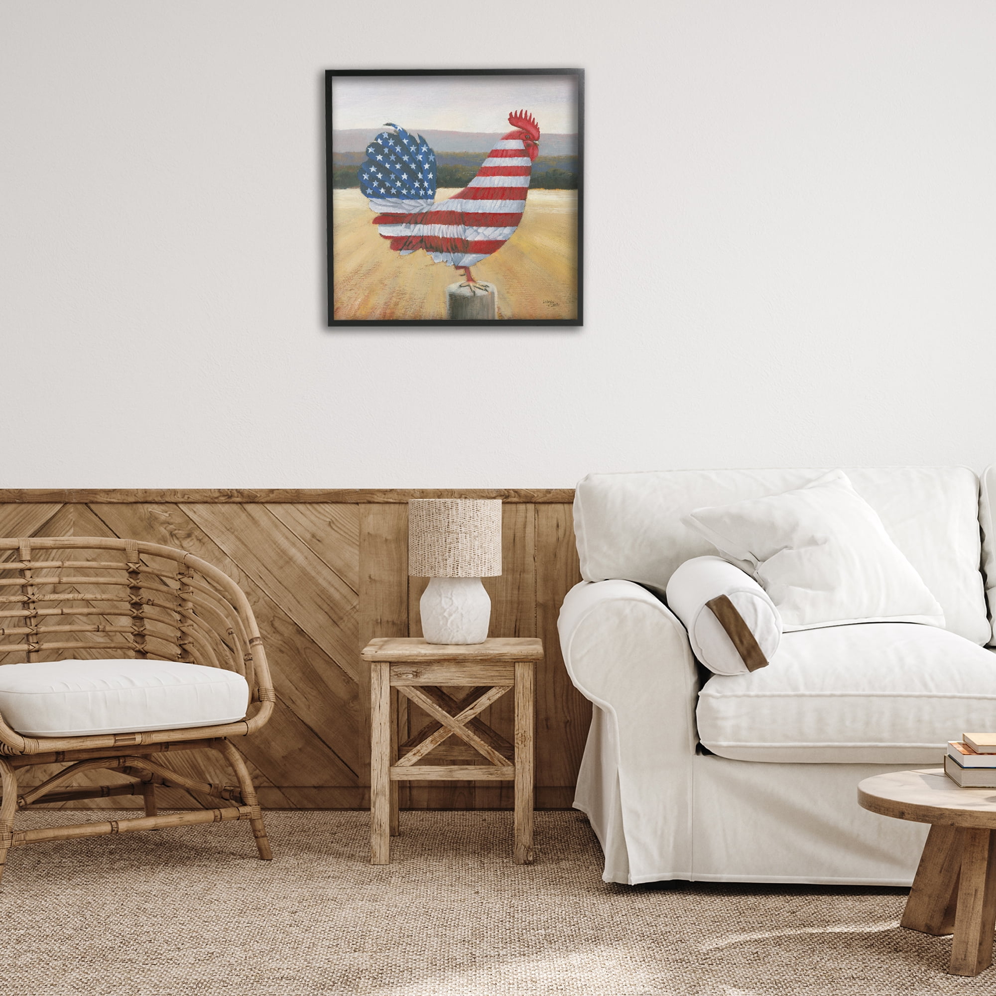 Stupell Industries American Flag Rooster Animals & Insects Painting Black Framed Art Print Wall Art, 24 x 24
