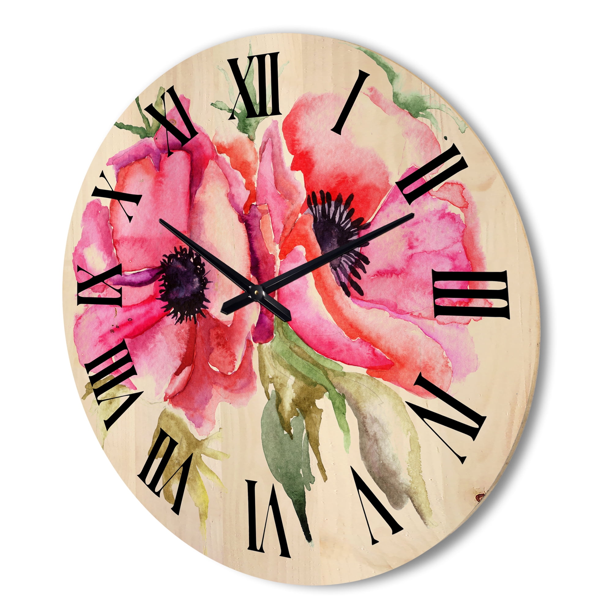 Designart 'Stylized Pink Poppy Flowers' Traditional Wood Wall Clock