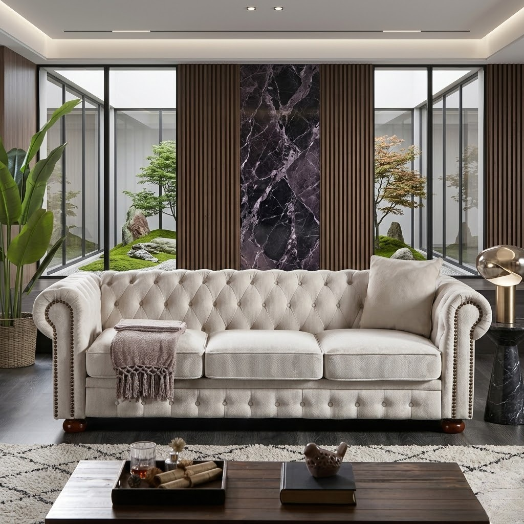 Howcool 89" Chesterfield Sofa, Mid-Century Modern 3 Seater Faux Leather Couch with Low Back, Rolled Arms & Nailhead Trim for Living Room or Office,Beige