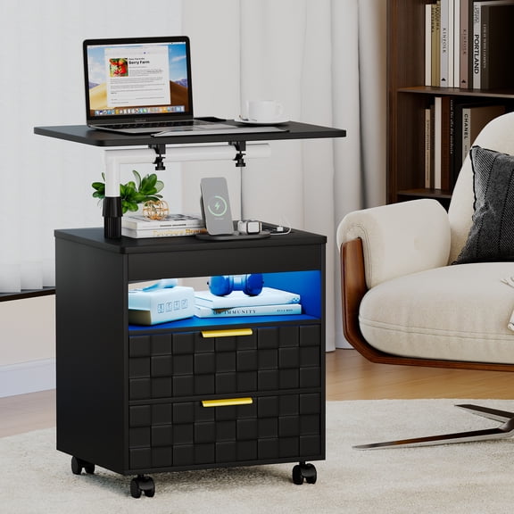 VKCC Modern Nightstand with LED & Adjustable Height, 2-Drawer Rolling Bedside Table with Charging Station, Black