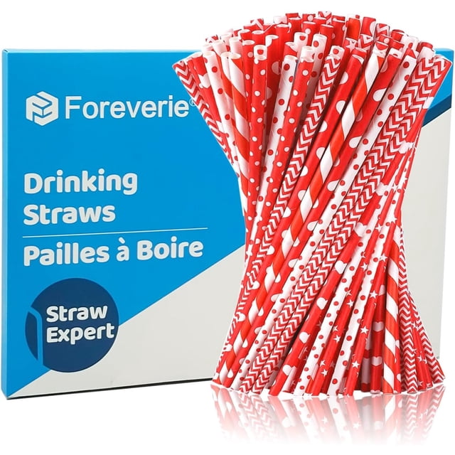 FOREVERIE 100 Pcs Pailles en Papier Motif Cœurs Rouges/rayures/Étoiles/points & Plus, Pailles Jetables pour Mariage, Fête, Douche Nuptiale, Vacances, Saint-Valentin (Styles Mixtes)
