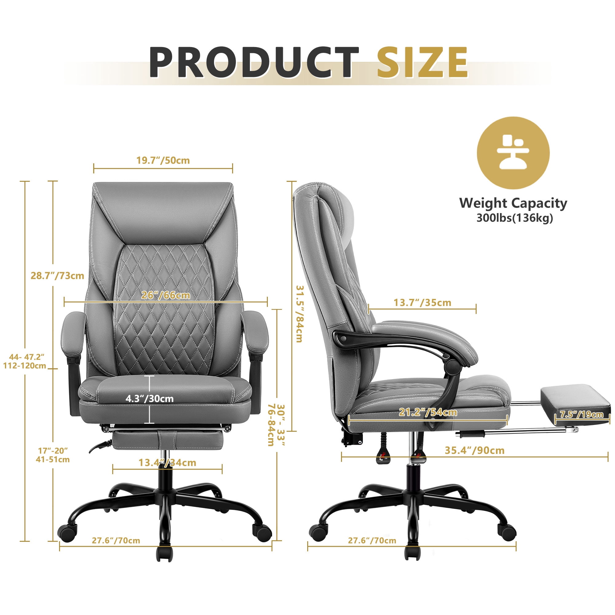 Primy Office Chair with Retractable Footrest, Ergonomic High Back Executive Computer Desk Chair, Big & Tall PU Leather Reclining Chair for Home Office Work