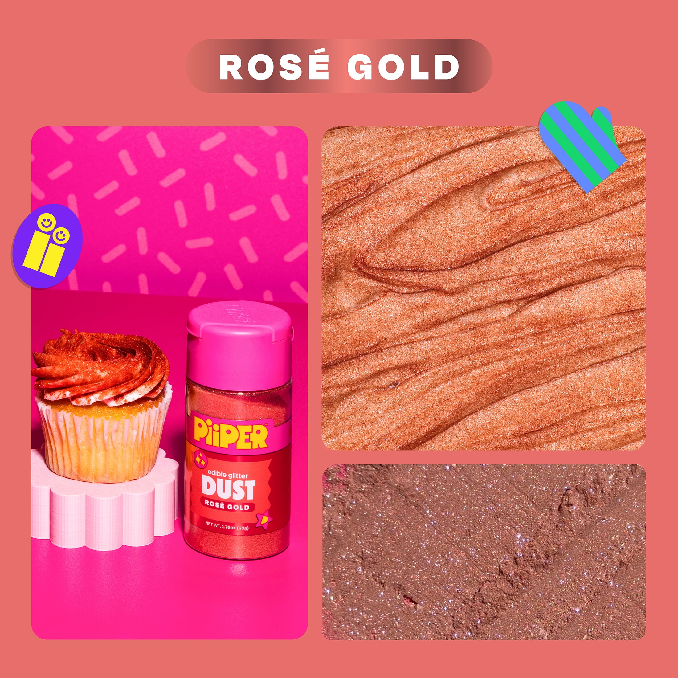 Piiper Edible Dust Rose Gold, Edible glitter dust, Shake to apply, for desserts, drinks & treats