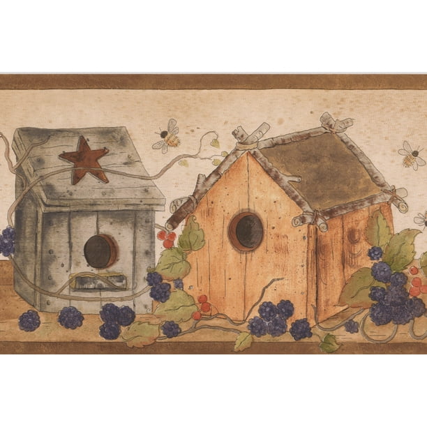 Birdhouse Bleu Rouge Baies Abeilles sur Table Vintage Papier Peint Frontière Retro Design, Rouleau 15' x 7''
