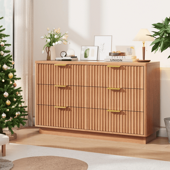 Luku 47.2" Wide Fluted 6 Drawer Dresser, Mid-Century Modern Wooden Chest with Gold Handles, Storage Organizer for Bedroom, Living Room, Entryway