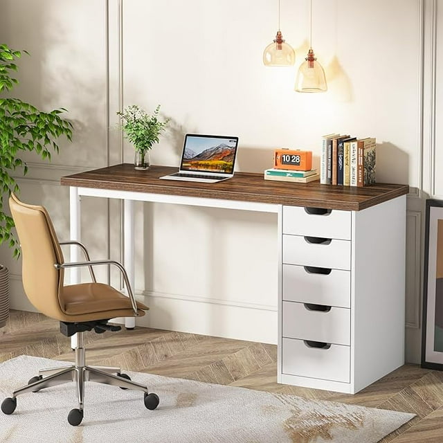Tribesigns 47-Inch Vanity Desk with 5 Drawers, Rustic Brown Makeup Dressing Table with Storage, Modern Computer Desk for Women and Girls, MDF Tabletop