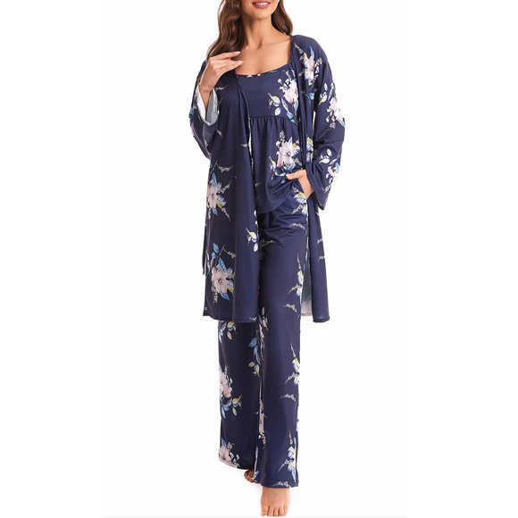 ZAXARRA Women's Fall Loungewear Set, Lace Patchwork Cami Tops + Pants + Robe 3 Pieces Sleepwear