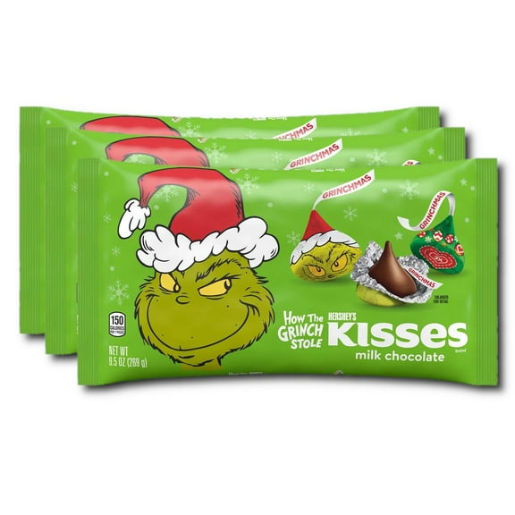 Holiday KISSES Milk Chocolate with Grinch Foils 9.5 oz. bag 3 pack