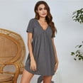 thumbnail image 3 of OUSITAID Women‘s Mini Dress Short Sleeve V Neck Pleated Solid Color Tunic, 3 of 3