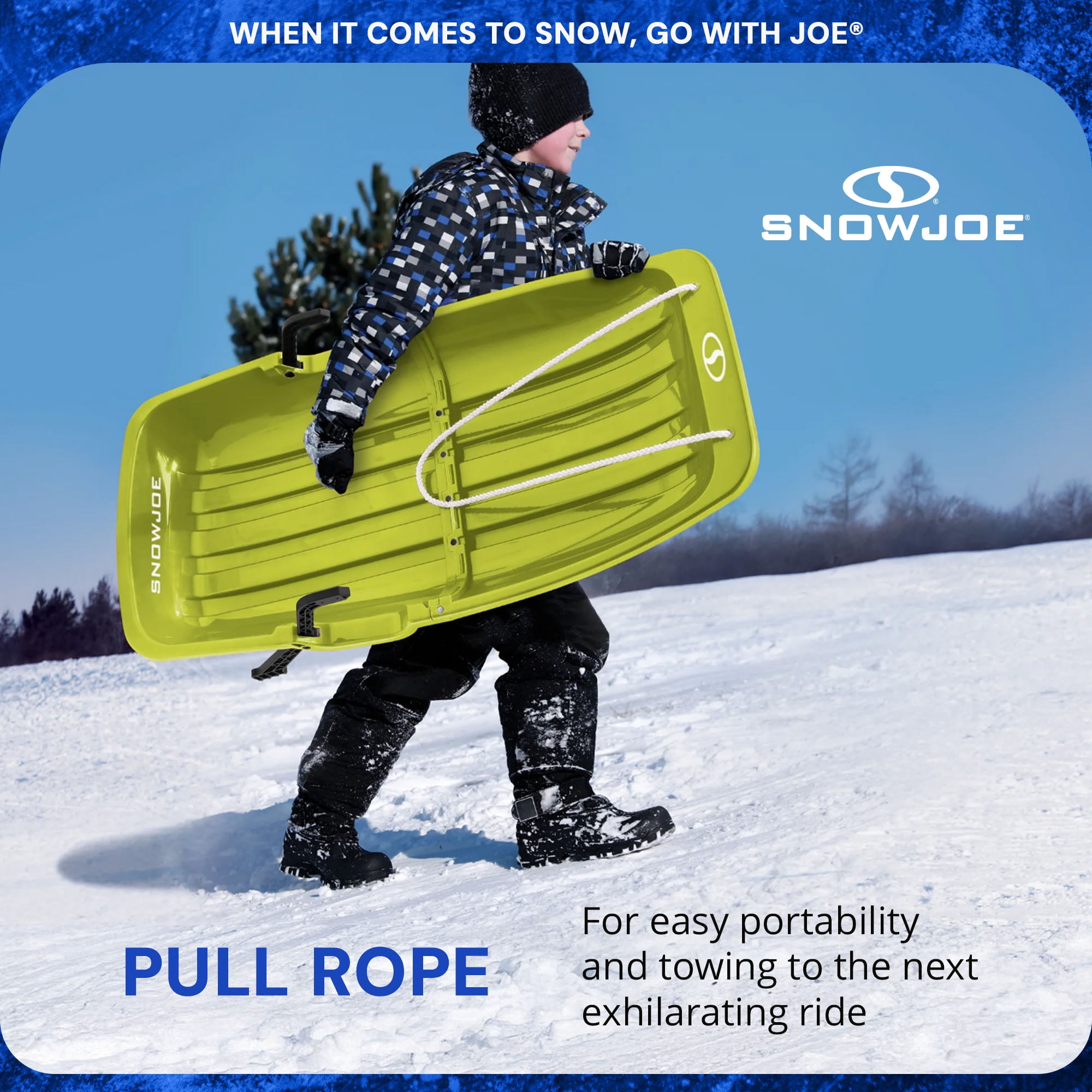 Snow Joe Plastic Snow Sled 34” Toboggan Board with Handles and Rope, Green, SJ-SLD34-GRN