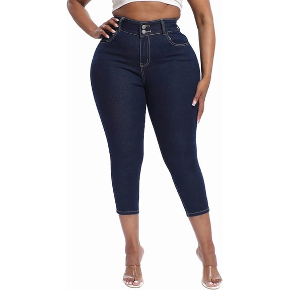 Gocolloa Womens Plus Size Capri Jeans Stretchy High Waisted Skinny Denim Capris Pants Dark Blue 16W