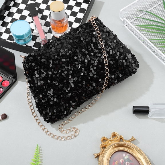 Luxshiny Black Glitter Shoulder Bag for Women, Sparkly Evening Clutch Purse, Stylish Handbag for Shopping and Parties