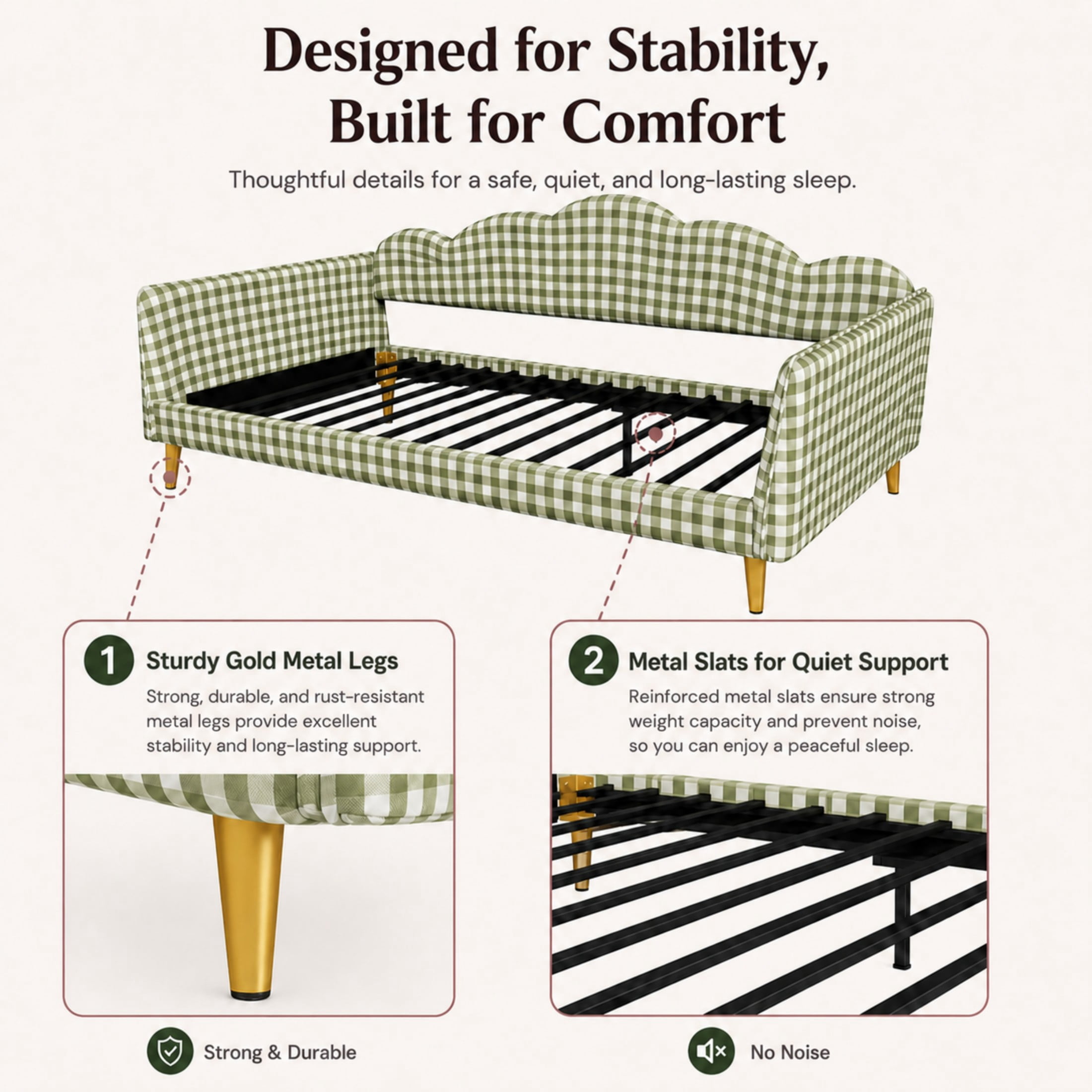 Noble House Jocast Twin Size Upholstered Platform Daybed, Gingham Pattern Headboard and Side Armrests, Green