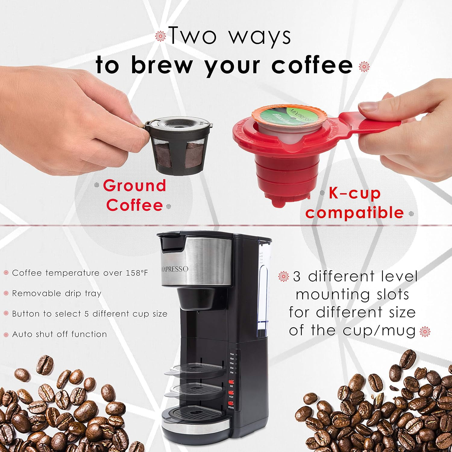 Mixpresso Single Serve 2 in 1 Coffee Brewer K-Cup Pods Compatible & Ground Coffee,Compact Coffee Maker Single Serve With 30 oz Detachable Reservoir, 5 Brew Size and Adjustable Drip Tray (Black)