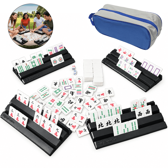 Portable Mahjong Game Set, 144 Mahjong Tiles Set with 4 Black Racks & 2 Dices and Storage Bag, Chinese Mahjong Set for Families, Travel, Playing Majiang
