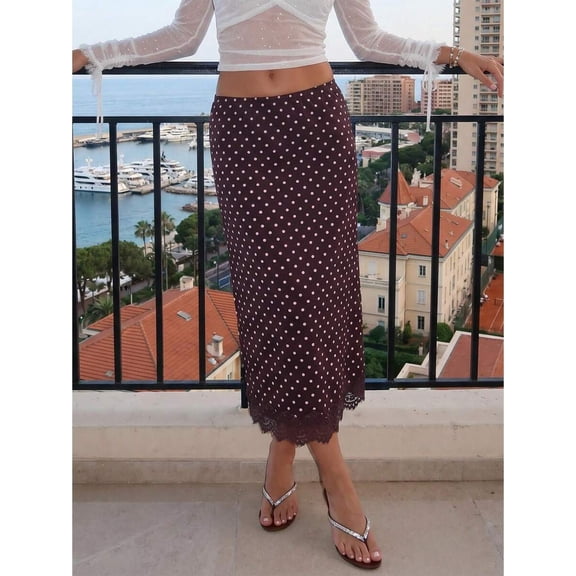 Brown Womens Summer Long Skirt With White Polka Dot Print And Lace Trim Hem Casual Party Skirt