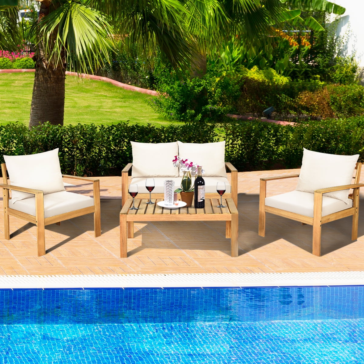 Gymax 8PCS Patio Acacia Wood Conversation Furniture Set w/ Off White Cushions