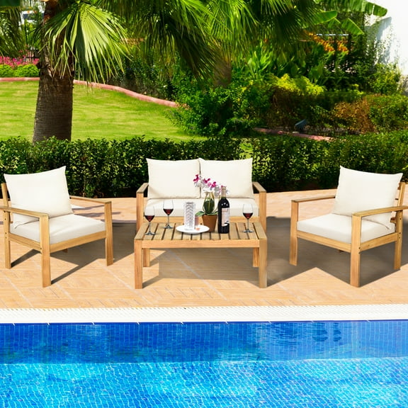 Gymax 4PCS Patio Acacia Wood Conversation Furniture Set w/ Off White Cushions