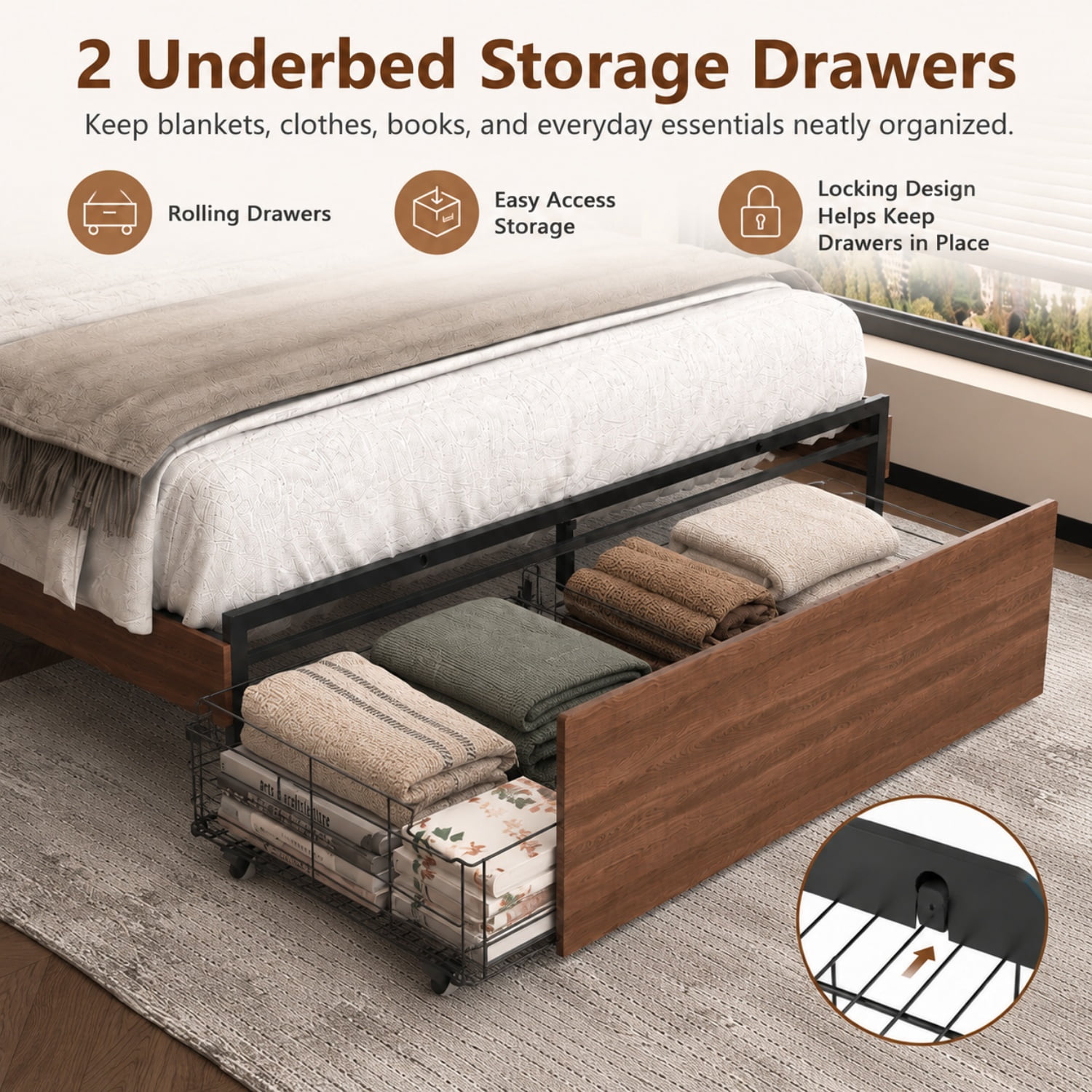 Miniyam Queen Farmhouse Bed with Storage Headboard, LED Lights and Charging Station, Platform Bed Frame with 2 Drawers, Brown