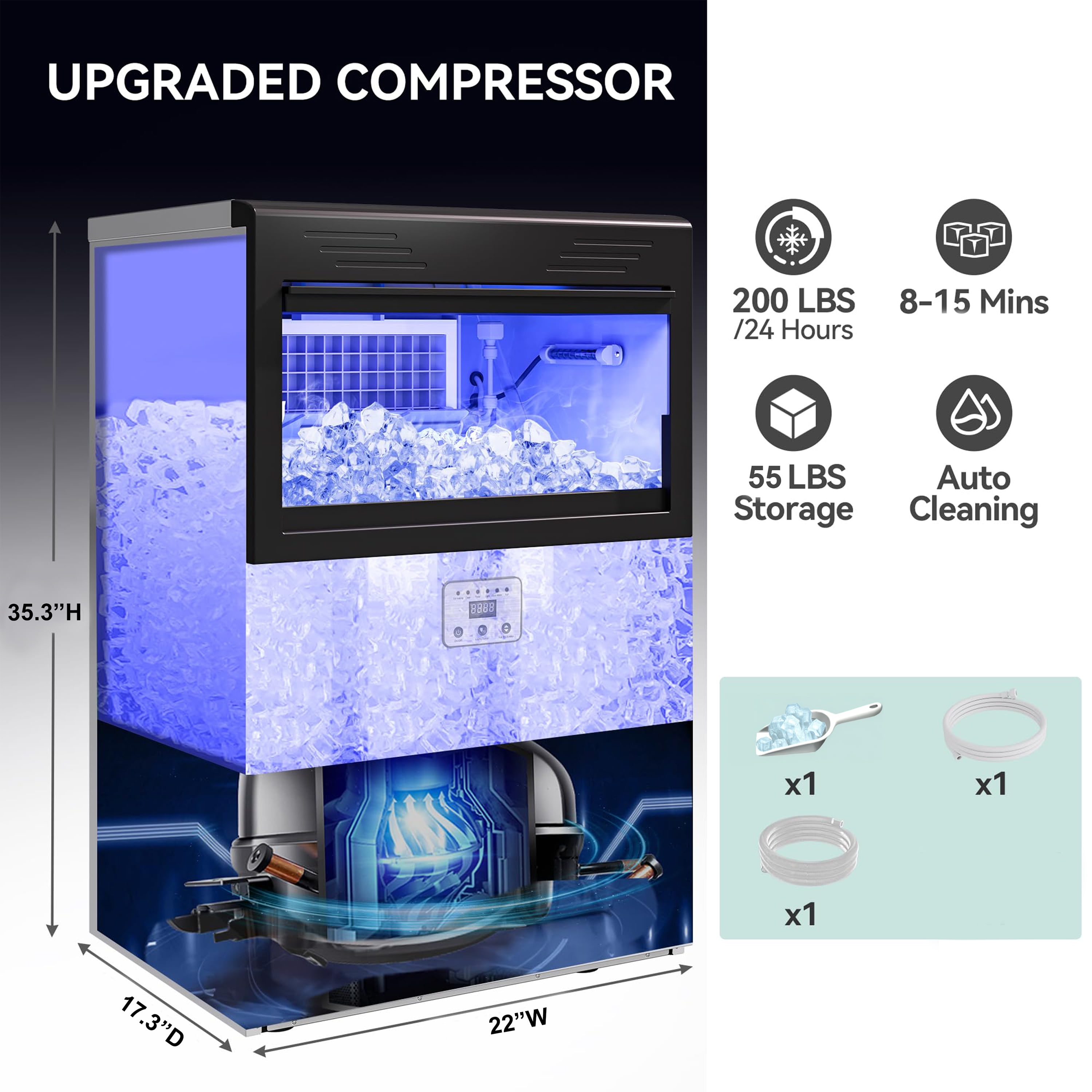 NSF Commercial Ice Maker 198lbs/24h, Commercial Ice Machine 55lbs Storage Bin, Under Counter Ice Maker Machine for Bar, Coffee Shop