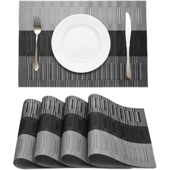 Black Woven Placemats Set of 4, Vinyl Polyester Place Mats for Kitchen Dining Table, Indoor Outdoor Party and Daily Decor