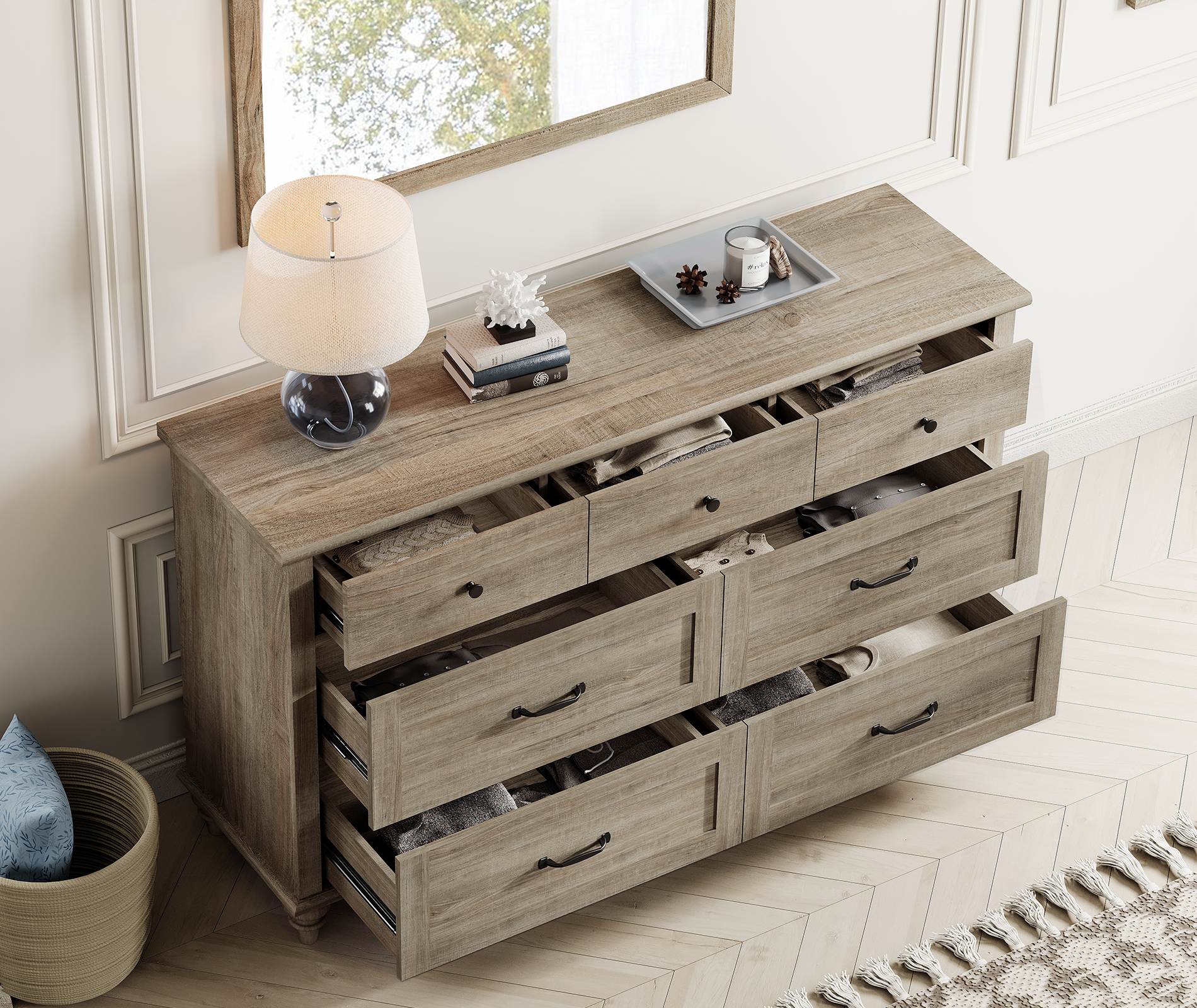 Wide Dresser with 7 Drawers, Large Dresser TV Stand for Living Room Kids Room, Grey