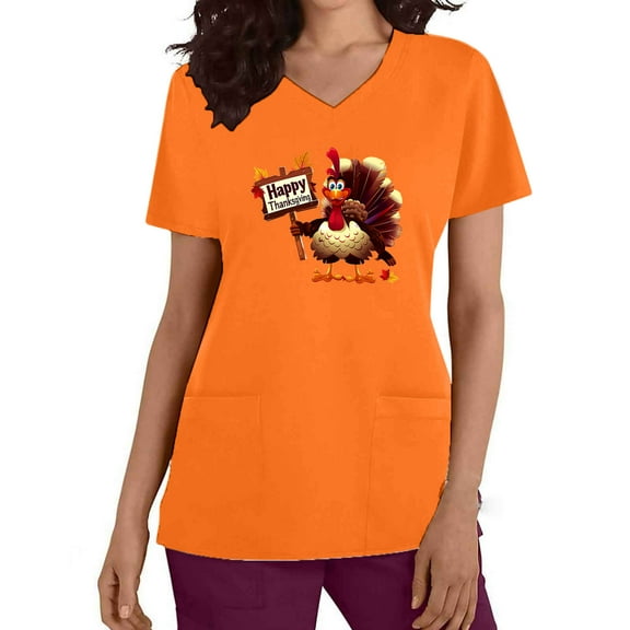 Xfvqtps Thanksgiving Scrub Tops for Women Soft V-Neck Scrubs Comfortable Nursing Uniforms Short Sleeve Tops Turkey Print Blouse Protective Clothing Working Uniforms with Pockets Orange
