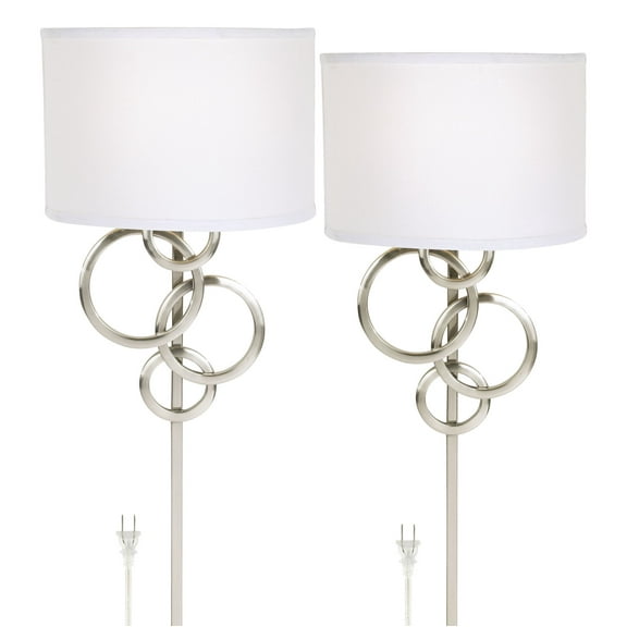 Possini Euro Design Circles Modern Wall Light Sconces Set of 2 Smart Sockets Brushed Nickel Plug-In 12" Fixture Off-White Shades Bedroom