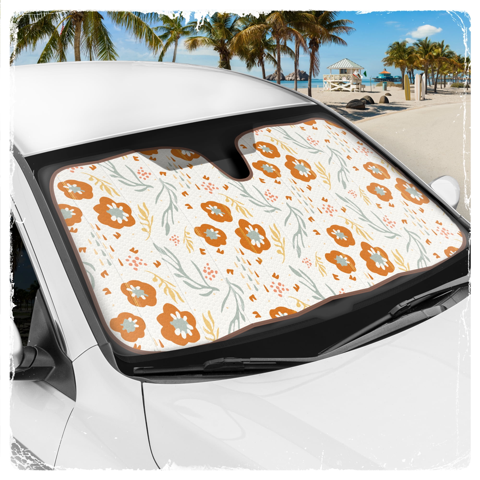 C&C Orange Floral Car Windshield Sun Shade - Sun Visor SunShade