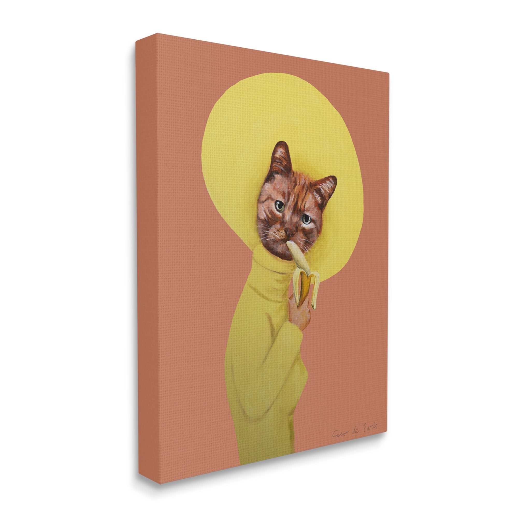Stupell Industries Yellow Cat Eating Banana Painting Animals & Insects Painting Gallery Wrapped Canvas Print Wall Art