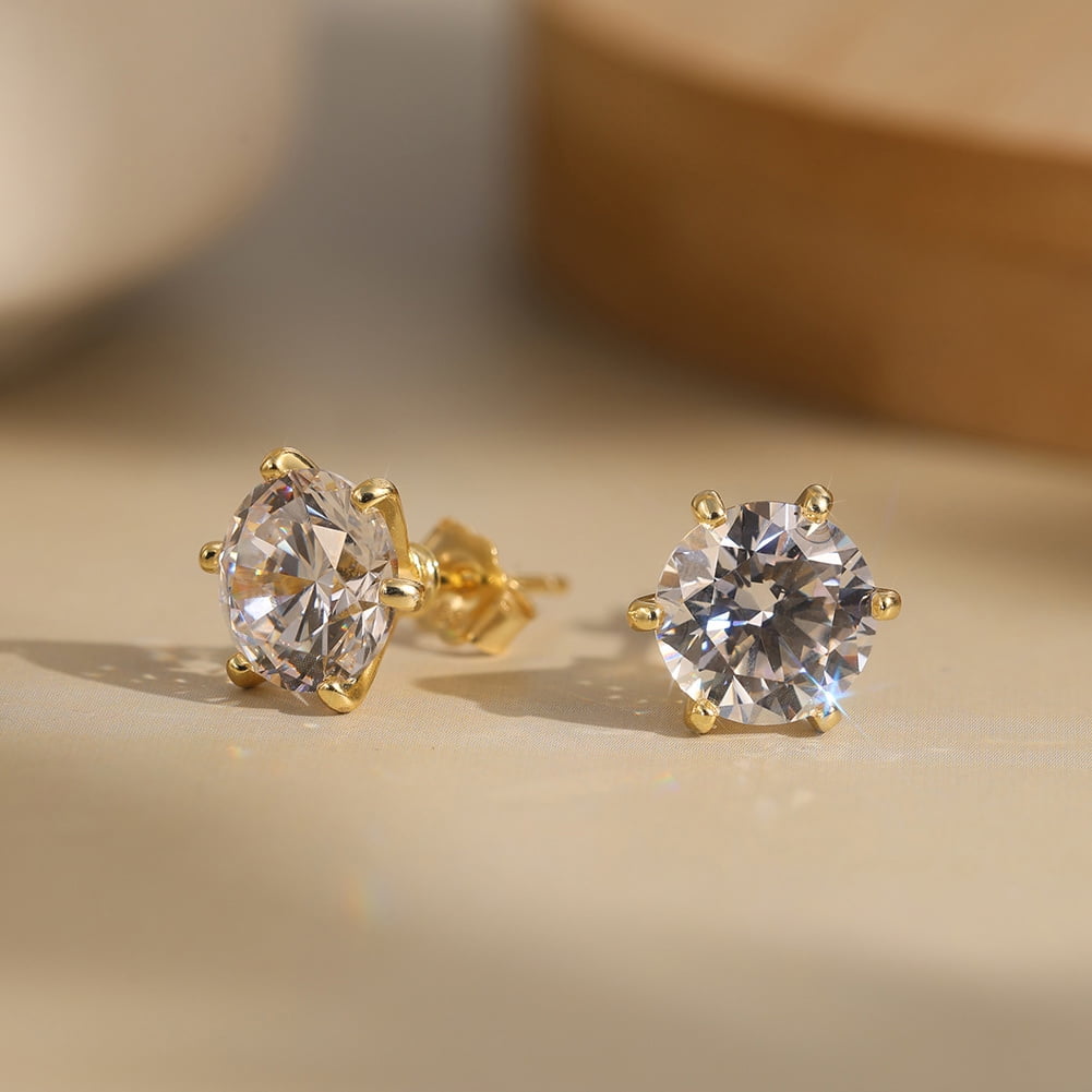 SFTING Cubic Zirconia Stud Earrings for Women Men Hypoallergenic 925 Sterling Silver Post Earrings 8A CZ 8*8 Round Cut 6-prong Setting Stud Earrings for Sensitive Ears