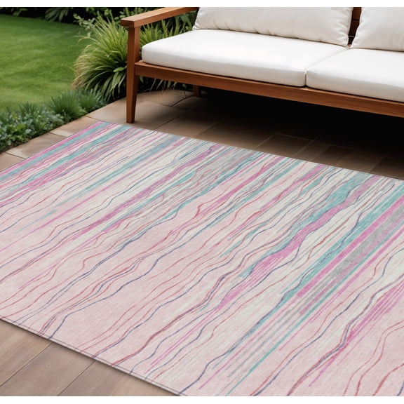 HomeRoots 597275 9 x 12 ft. Pink, Blue & Purple Striped Washable Indoor & Outdoor Rectangle Area Rug