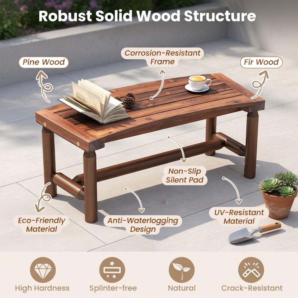 Hommoo Solid Pine and Fir Wood Curved Outdoor Fire Pit Bench, Backless Patio Loveseat for Garden, Backyard, Poolside, Rustic Brown