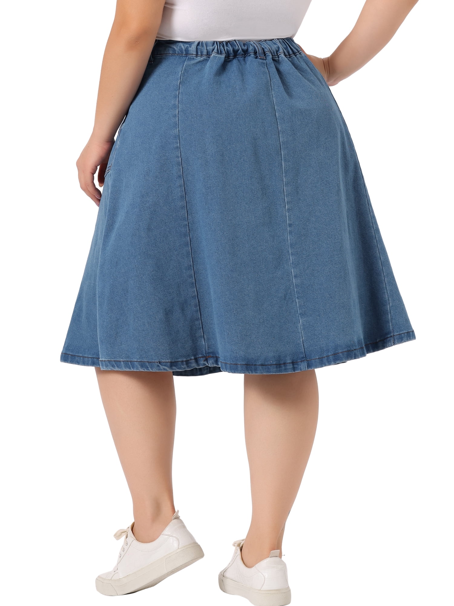 Unique Bargains Women's Plus Size Denim Casual A-Line Midi Skirt with Pockets