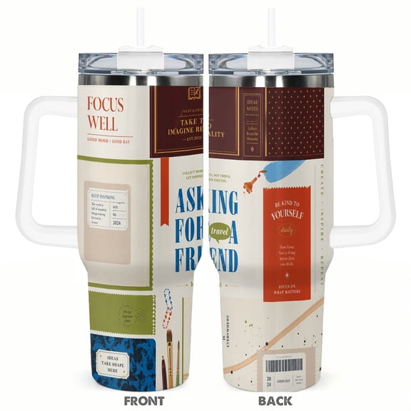 40oz Asking For A Friend Travel Tumbler with Handle and Straw Lid Retro Stationery Collage Insulated Car Coffee Cup Gift for Women