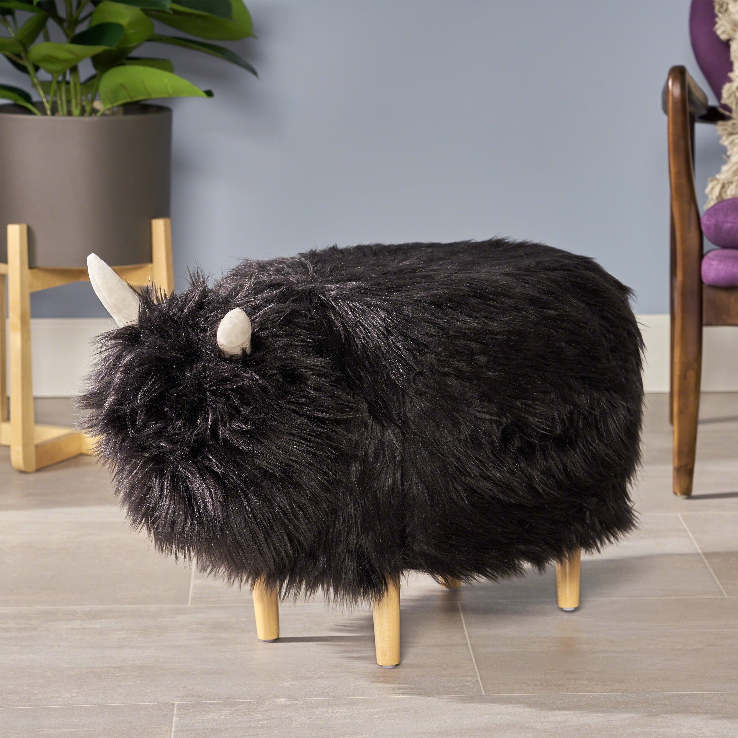 Noble House Mckennah Furry Yak Ottoman Black