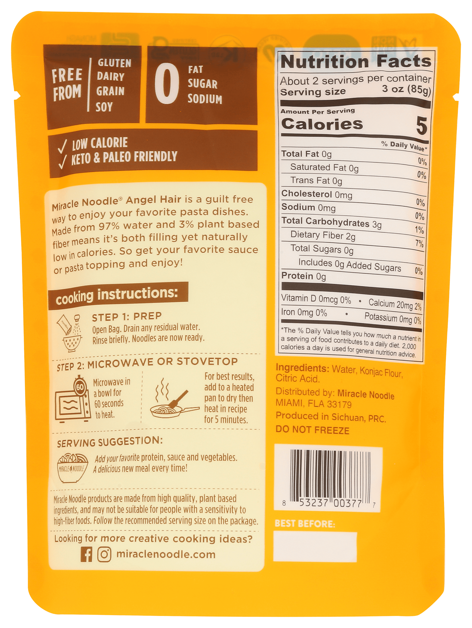 Miracle Noodle Angel Hair Konjac Noodles, Naturally Low Carb, Gluten Free, 7 oz