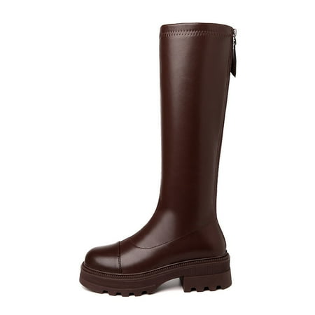 

Solid Color Block Heel Knee High Boots Waterproof Comfortable Zipper Round Toe Boots Women‘s Shoes